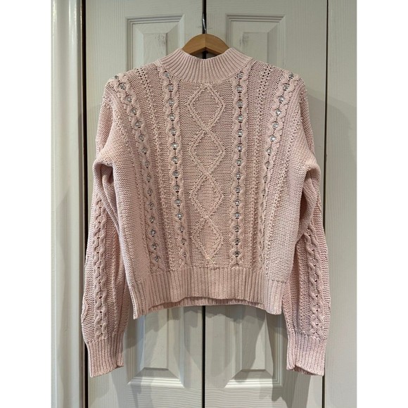 VTG 1980 Blush Ballet Pink Pearl Rhinestone Embellished Cotton Cableknit Sweater - Picture 3 of 12